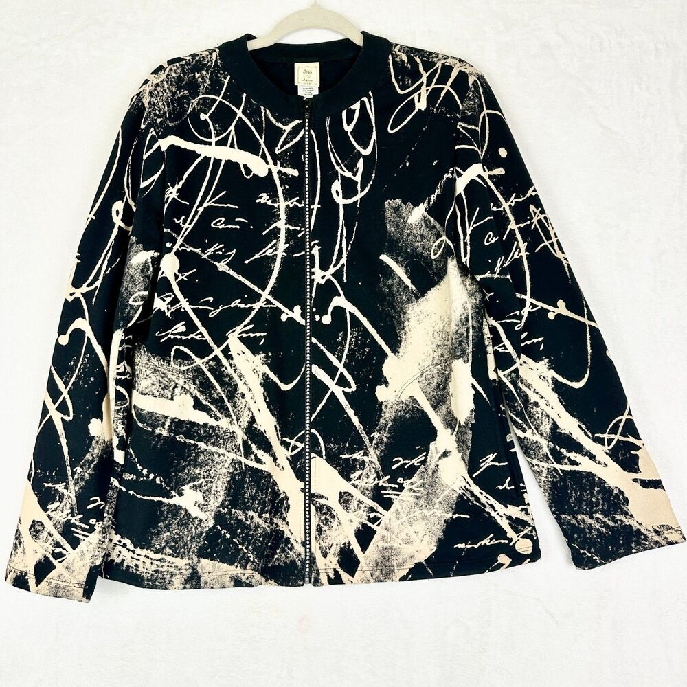 Jess & Jane Scrolls Full Zip Jacket Size Medium Rhinestone Artsy Art To Wear